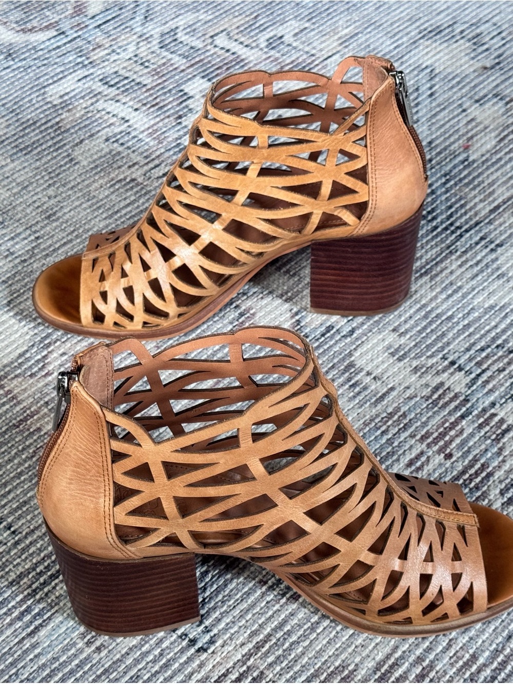 Vince Camuto Tan Laser-Cut Block Heel Sandals
